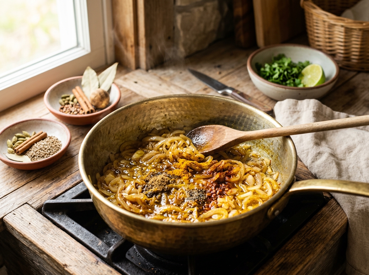Golden onions and aromatic spices forming the base of Middle Eastern soup