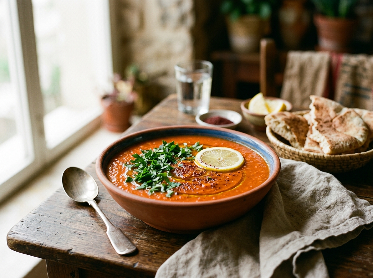 Bright red lentil shorba garnished with fresh parsley and lemon