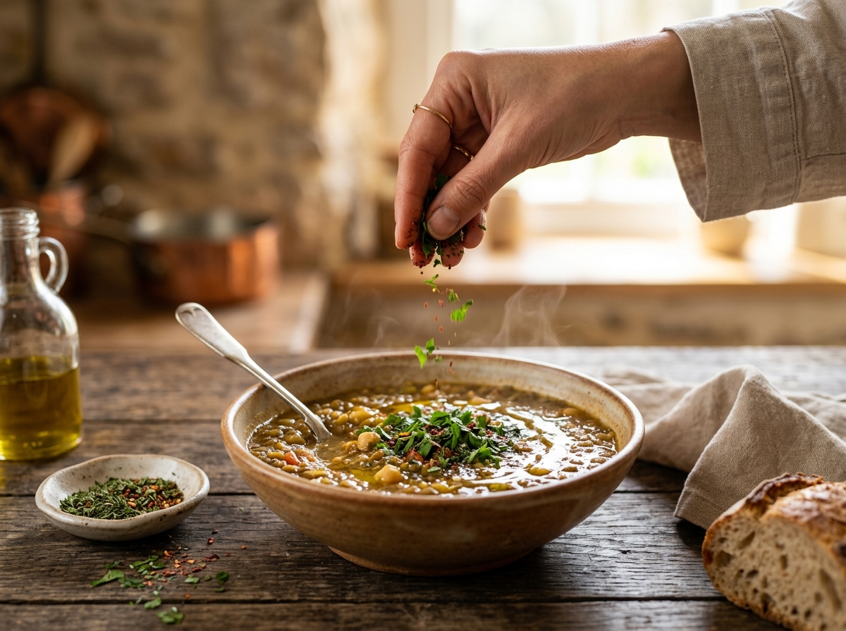 Final garnish of herbs and spices being added to finished soup