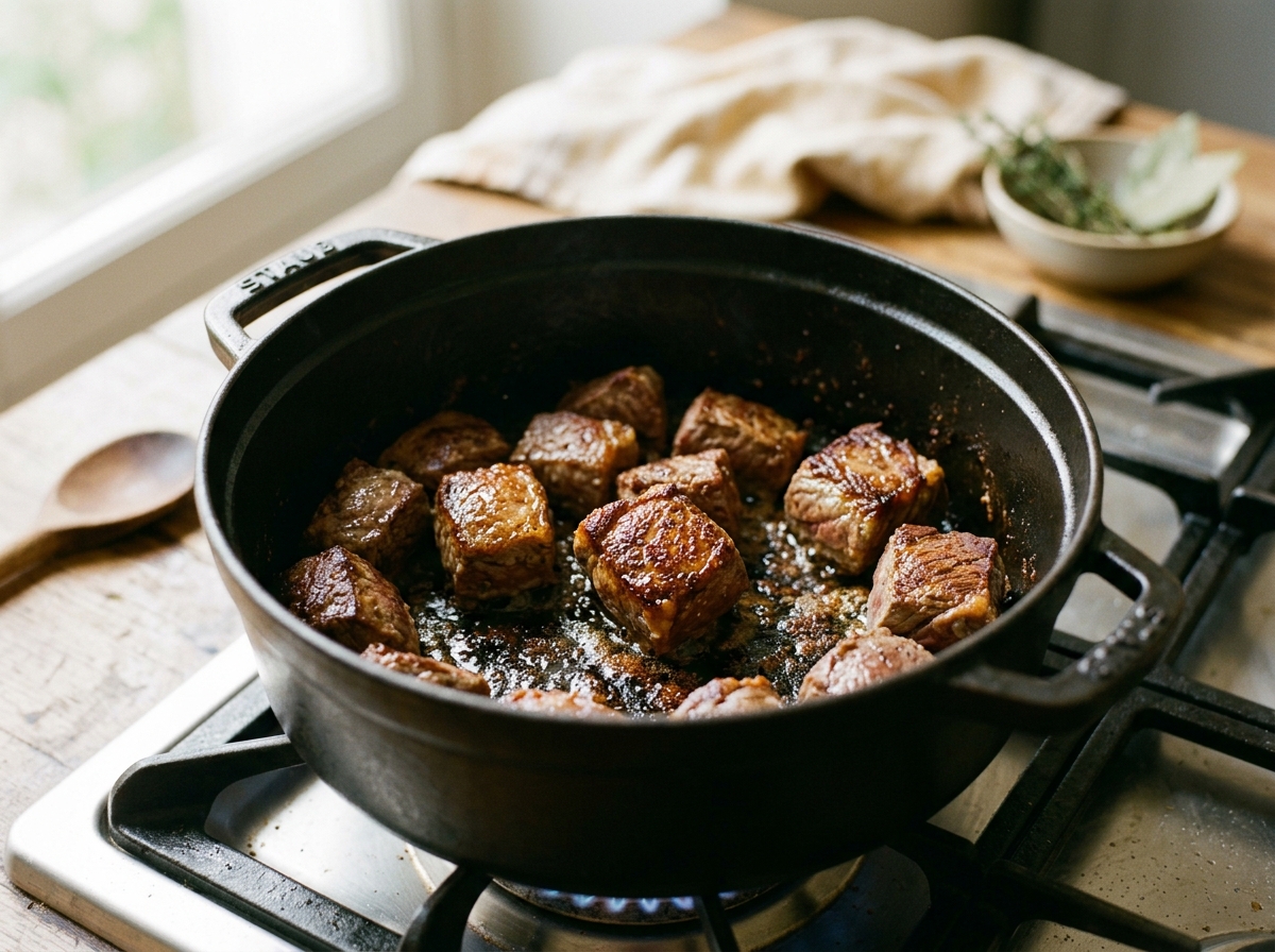 Beef chunks developing a deep golden crust in a heavy Dutch oven