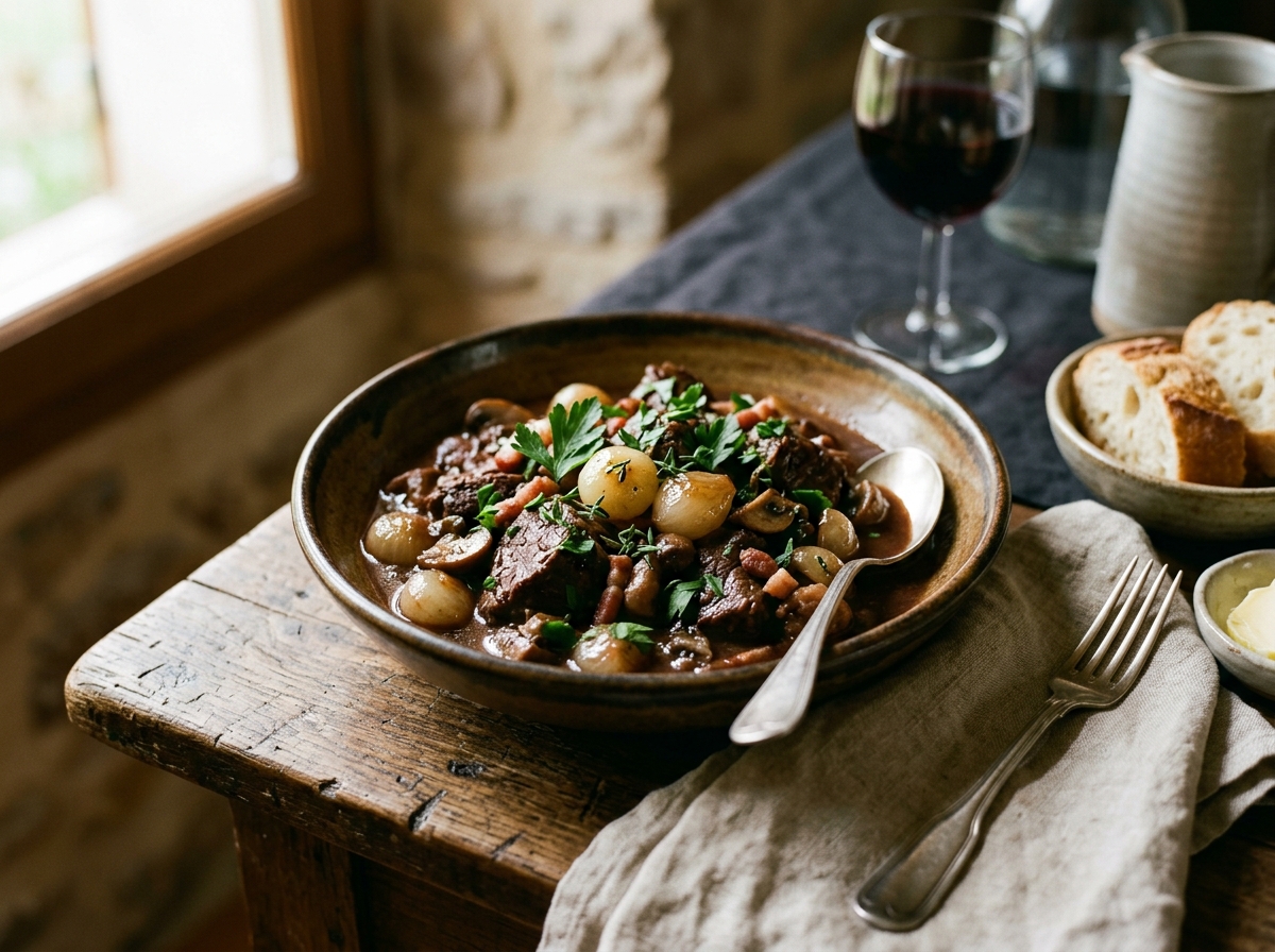 Classic boeuf bourguignon garnished with fresh herbs and pearl onions