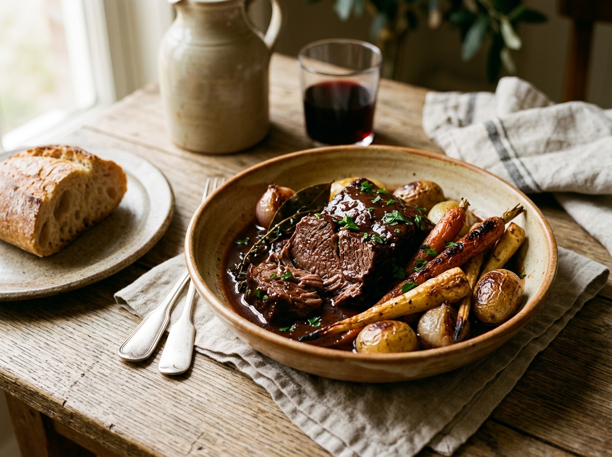 Perfectly tender braised beef served with roasted root vegetables