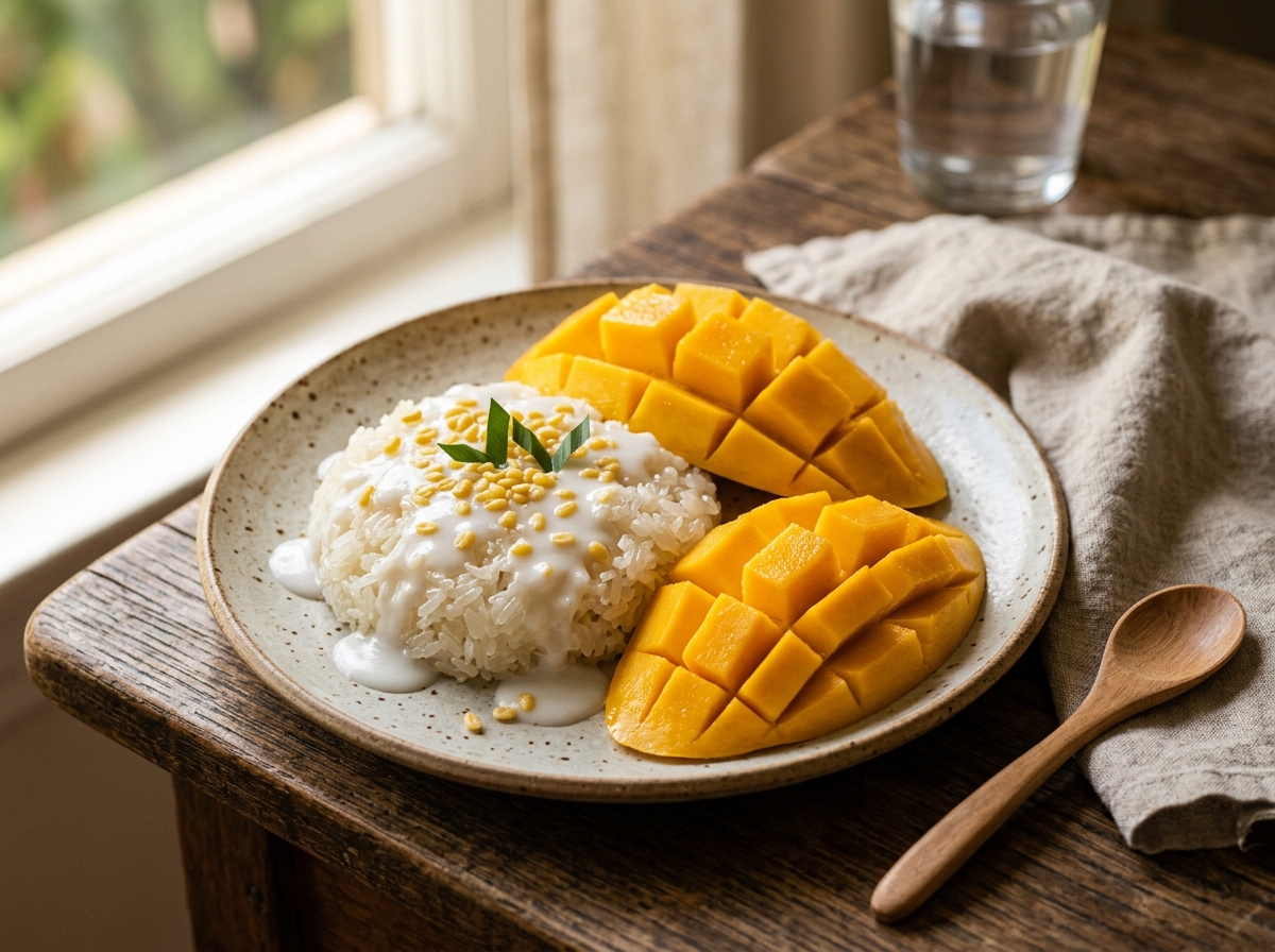Fresh mango slices arranged over perfectly steamed sticky rice