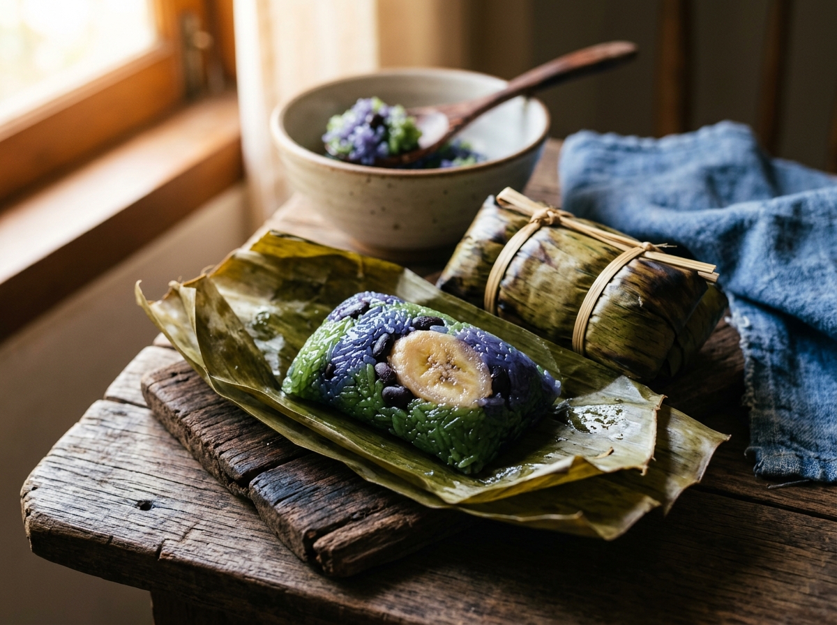 Banana leaf-wrapped khao tom mad revealing jewel-toned sticky rice inside