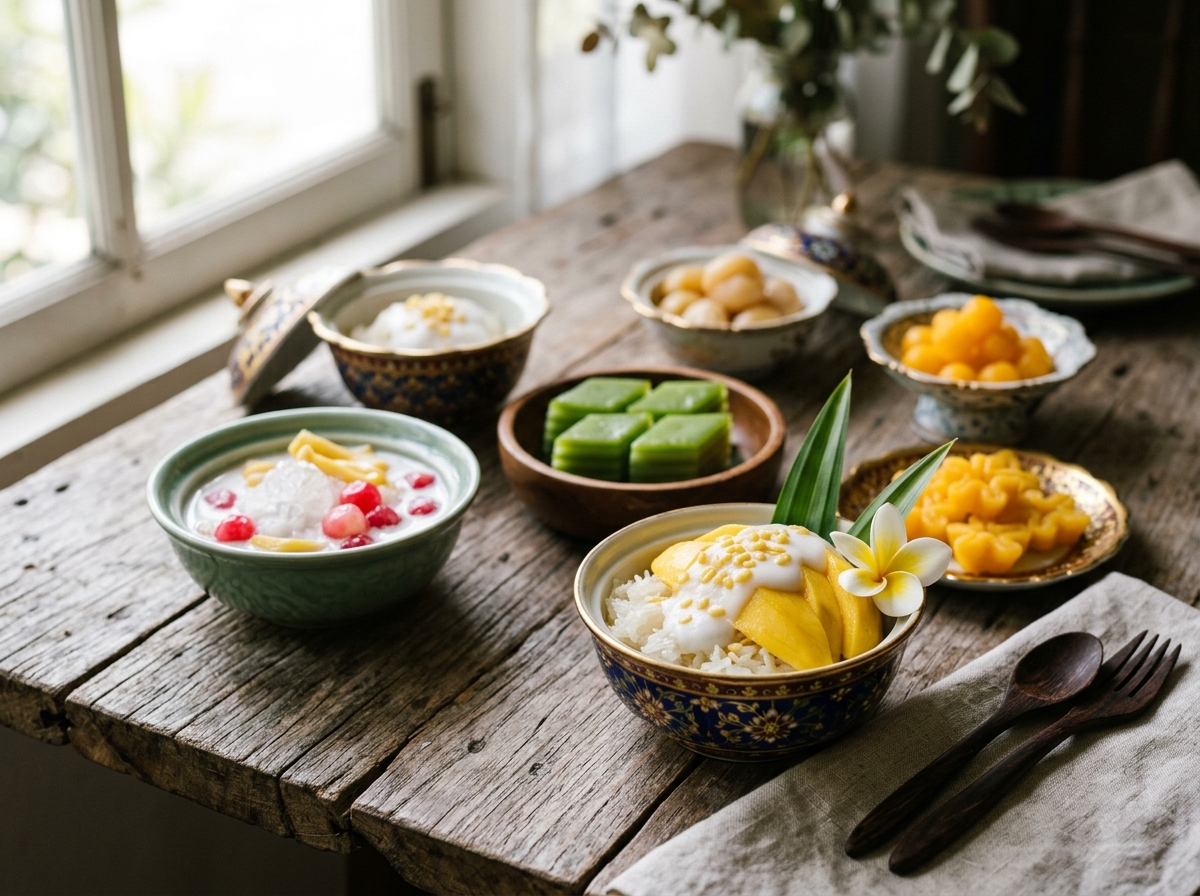 Elegant presentation of various Thai desserts in traditional serving bowls