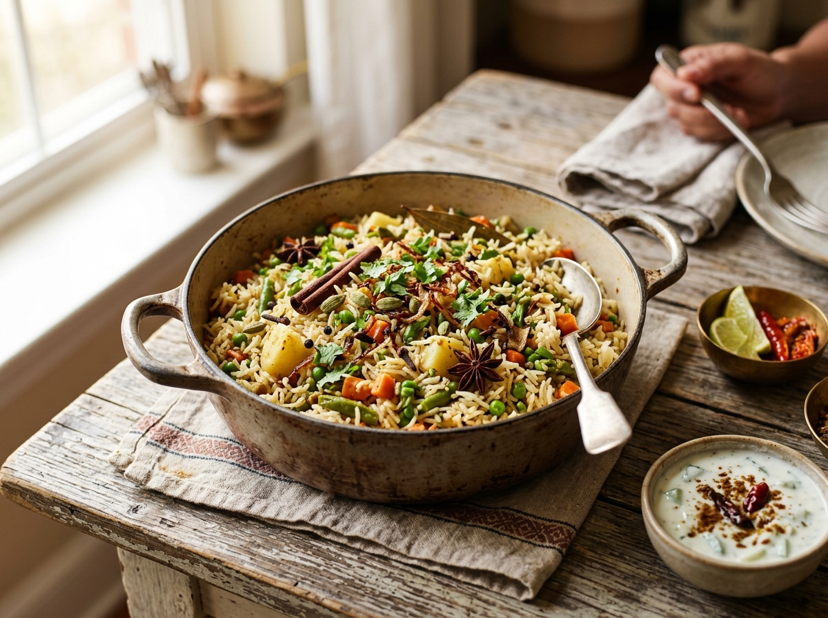 One-pot vegetable pulao with aromatic whole spices