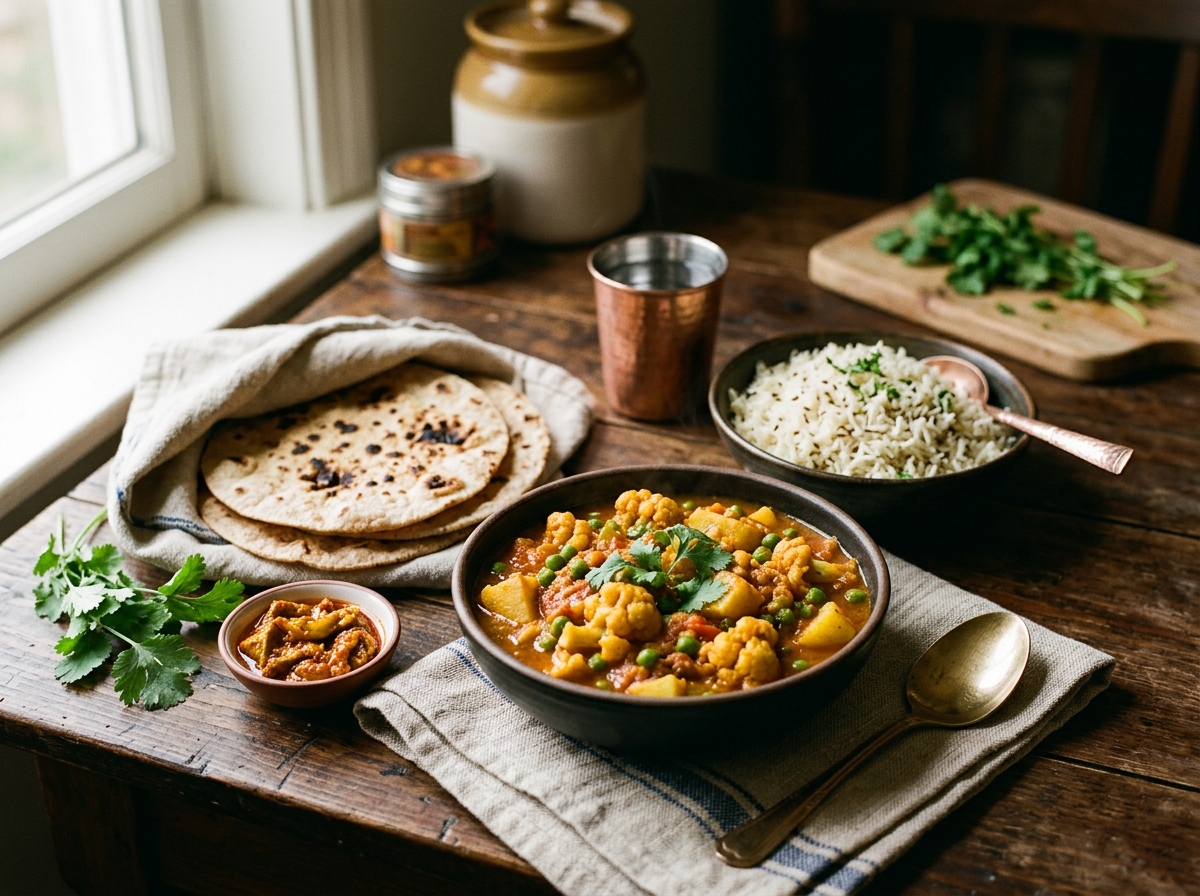 Complete 30-minute Indian dinner spread with rice, curry, and bread