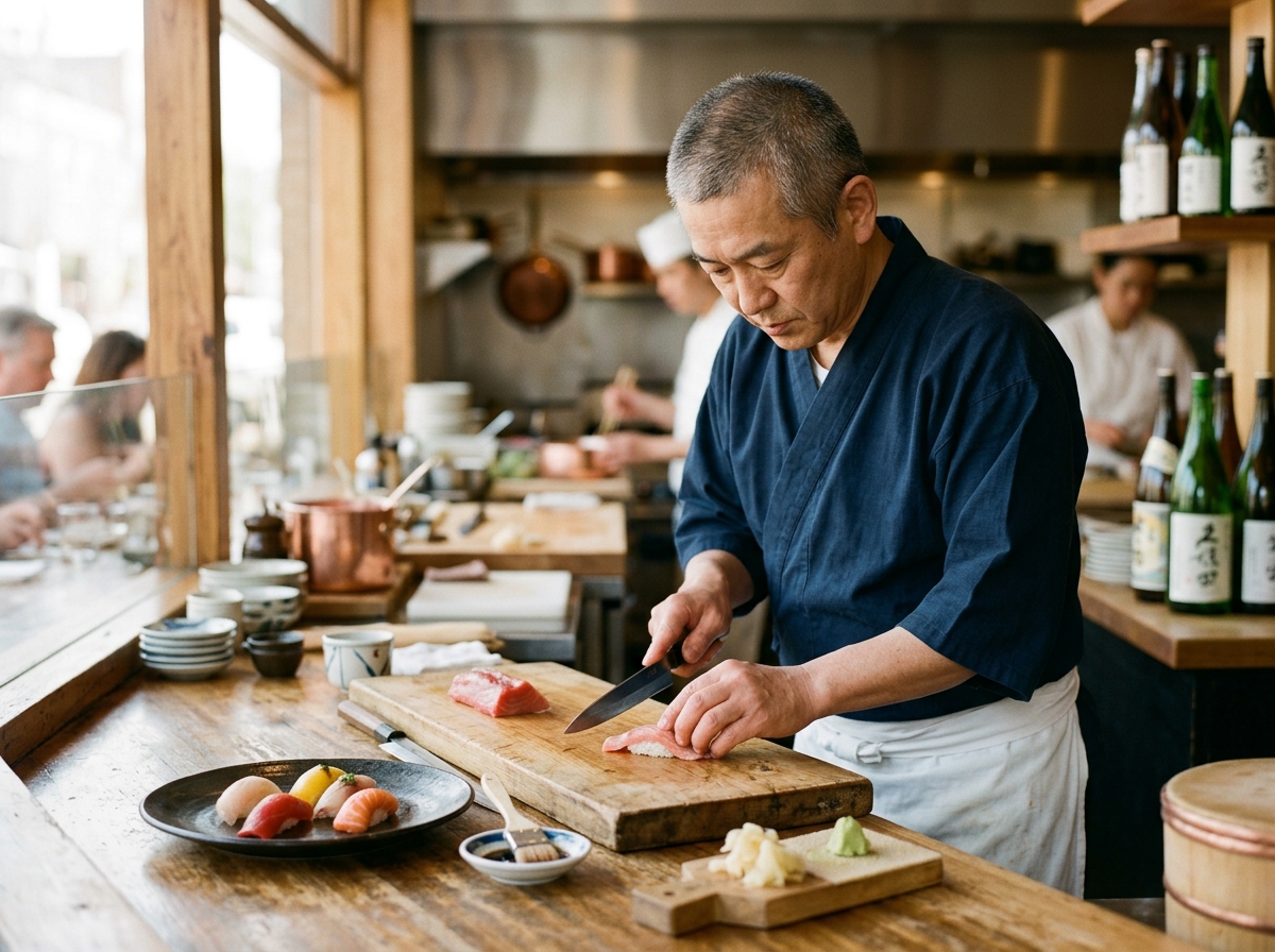 Chef preparing precision sushi at a Michelin-starred counter