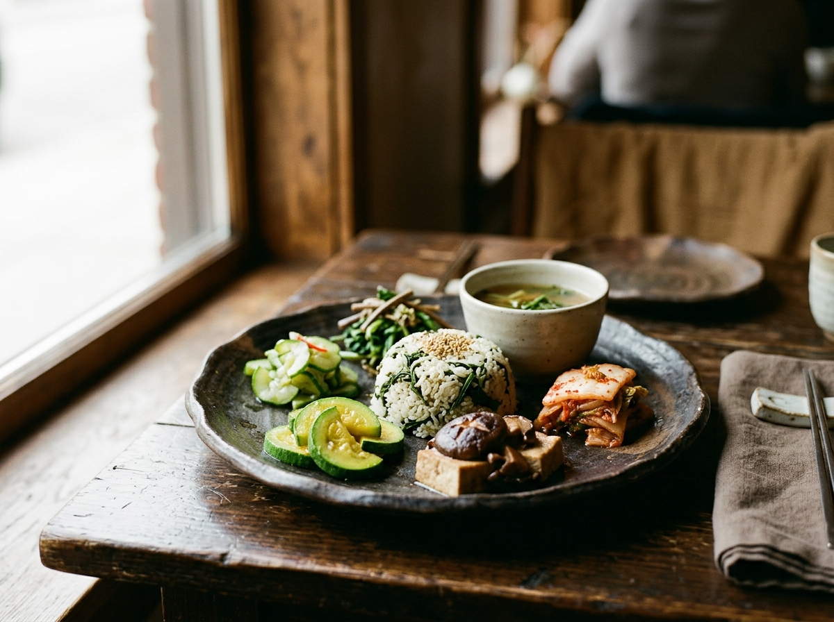 Artfully plated Korean temple cuisine with seasonal vegetables