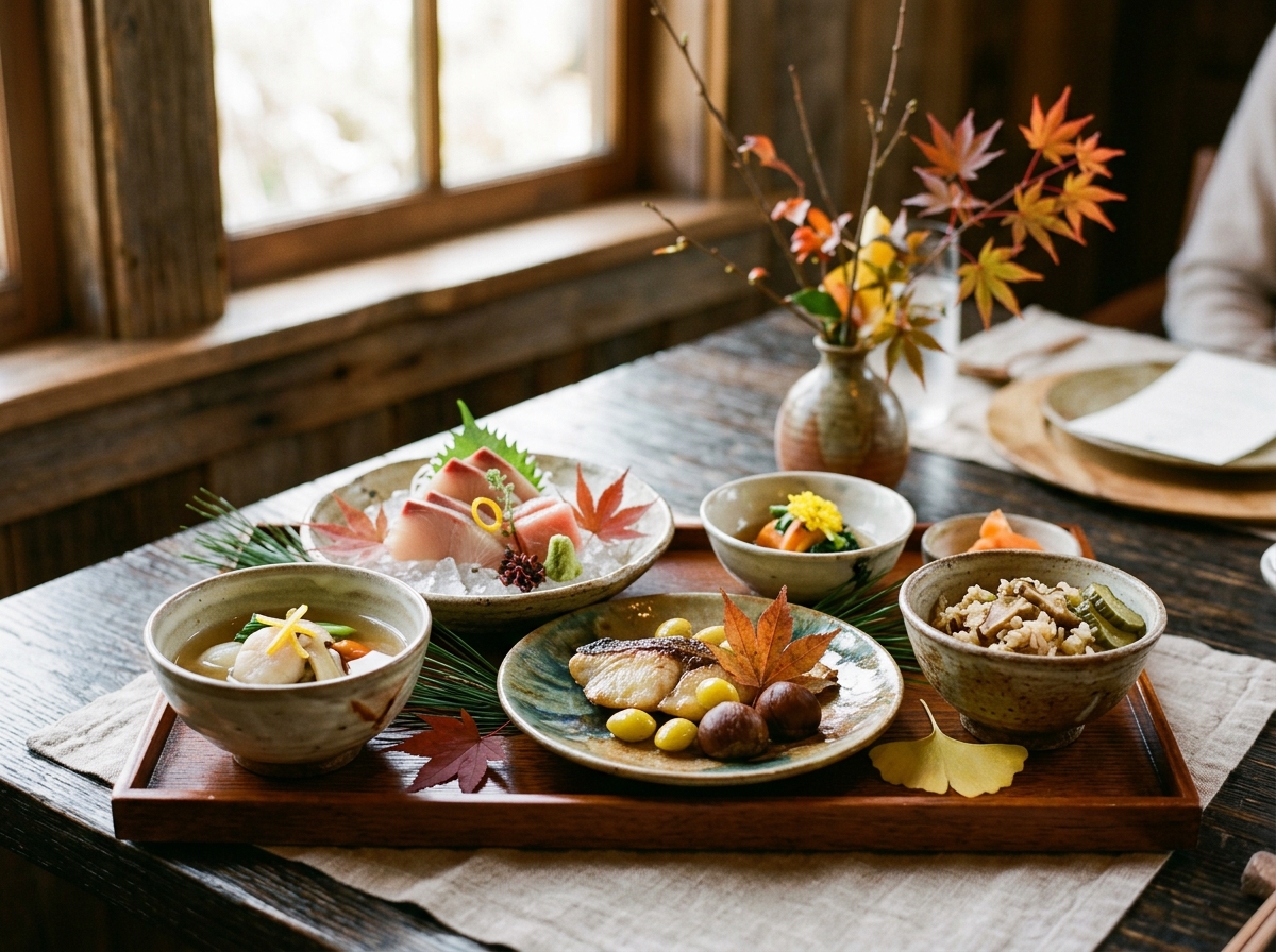 Seasonal kaiseki presentation showcasing autumn ingredients