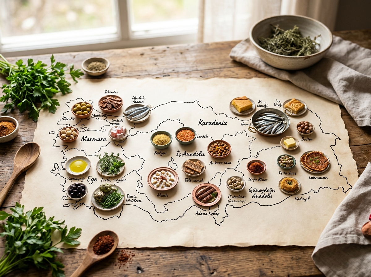 Map of Turkey showing major culinary regions and their signature ingredients