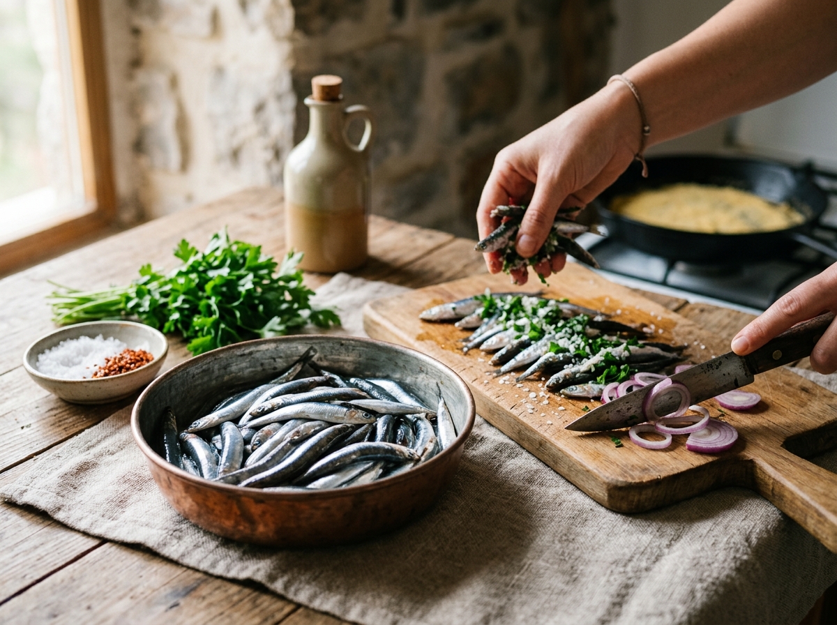 Fresh Black Sea anchovies being prepared for traditional Trabzon-style cooking