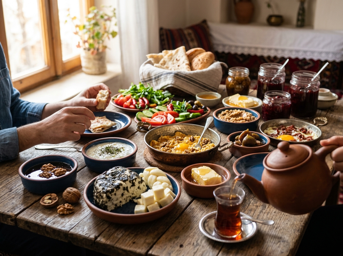 Traditional Van breakfast spread with regional cheeses, honey, and preserves