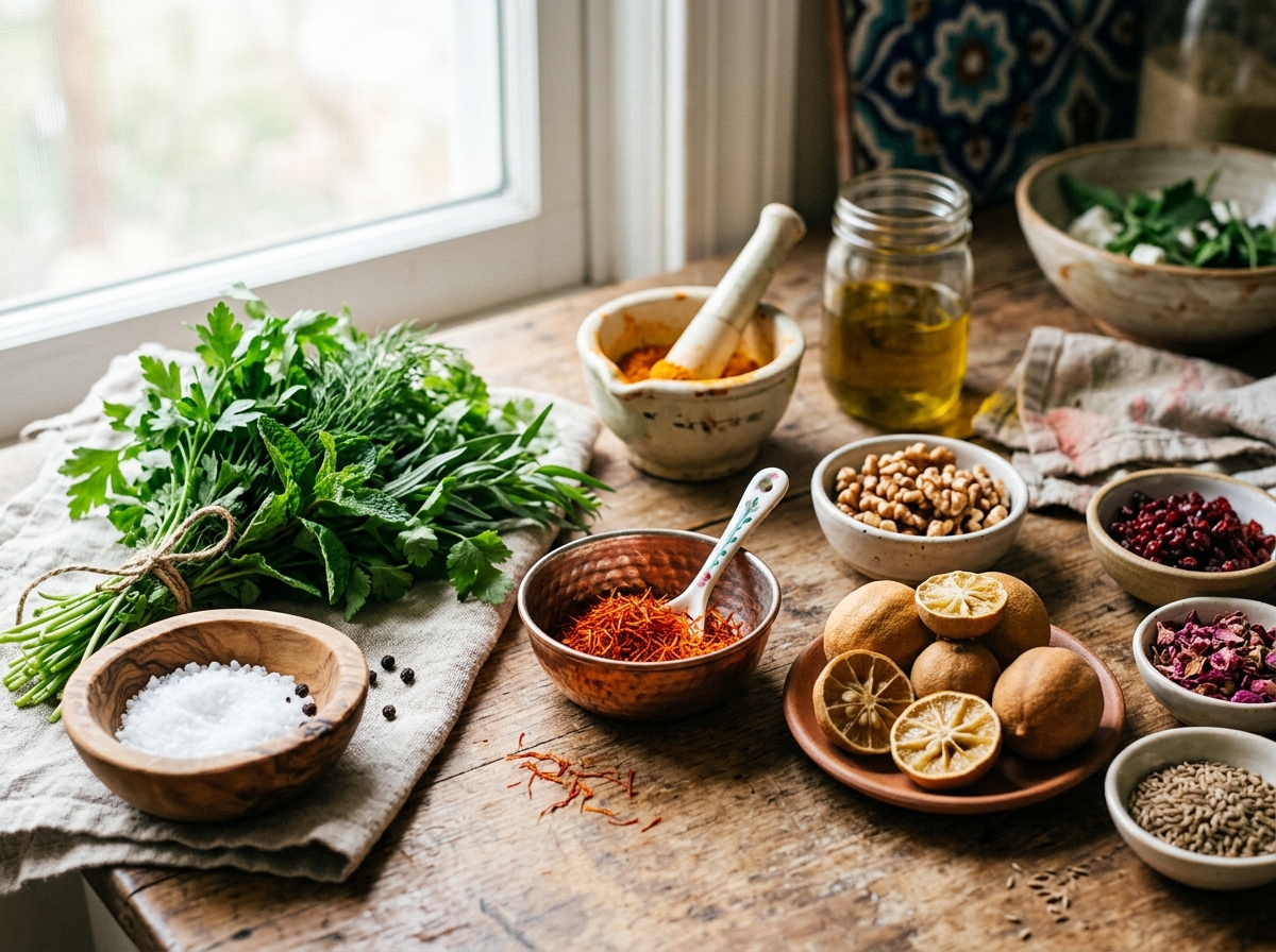 Traditional Persian ingredients including saffron, dried limes, and fresh herbs
