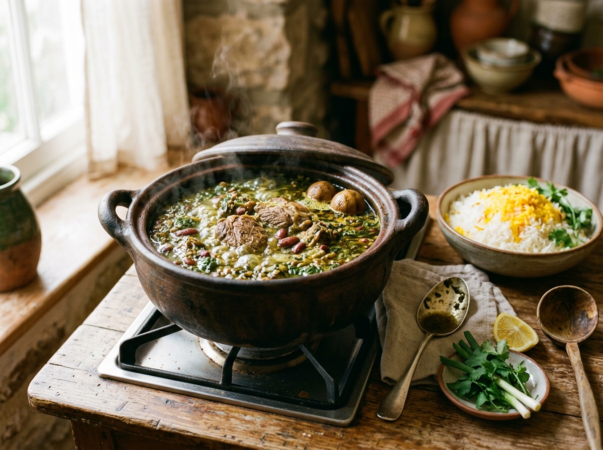 A bubbling pot of ghormeh sabzi with fresh herbs and tender lamb