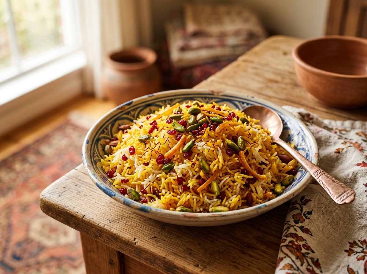 Golden jeweled rice garnished with pistachios, barberries, and saffron