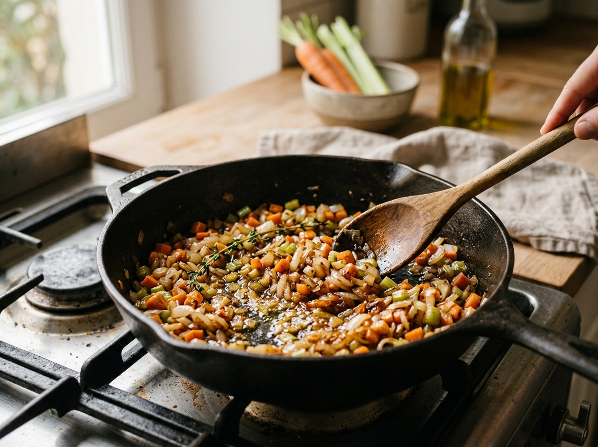 Mirepoix vegetables slowly caramelizing in olive oil