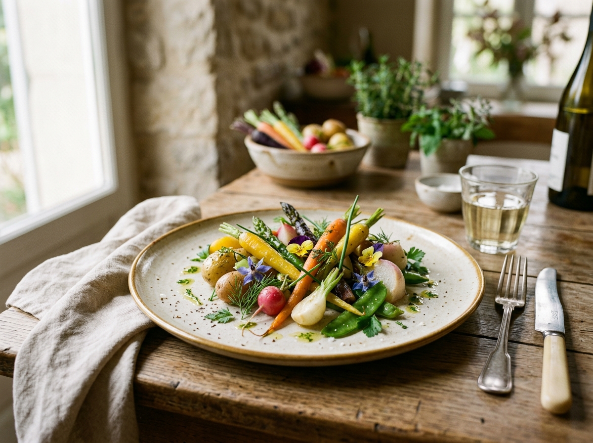 Elegant plated seasonal vegetables with fresh herbs