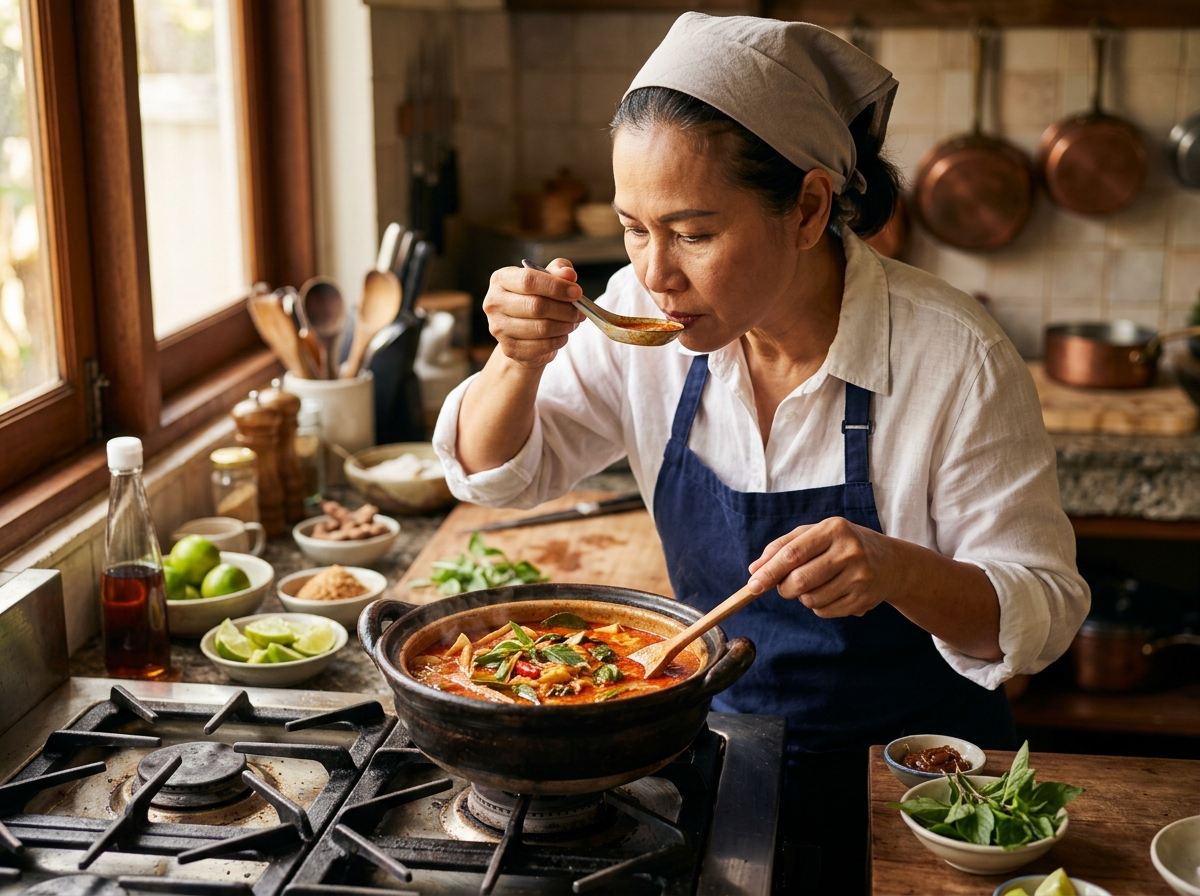 Chef tasting and adjusting Thai curry for perfect balance