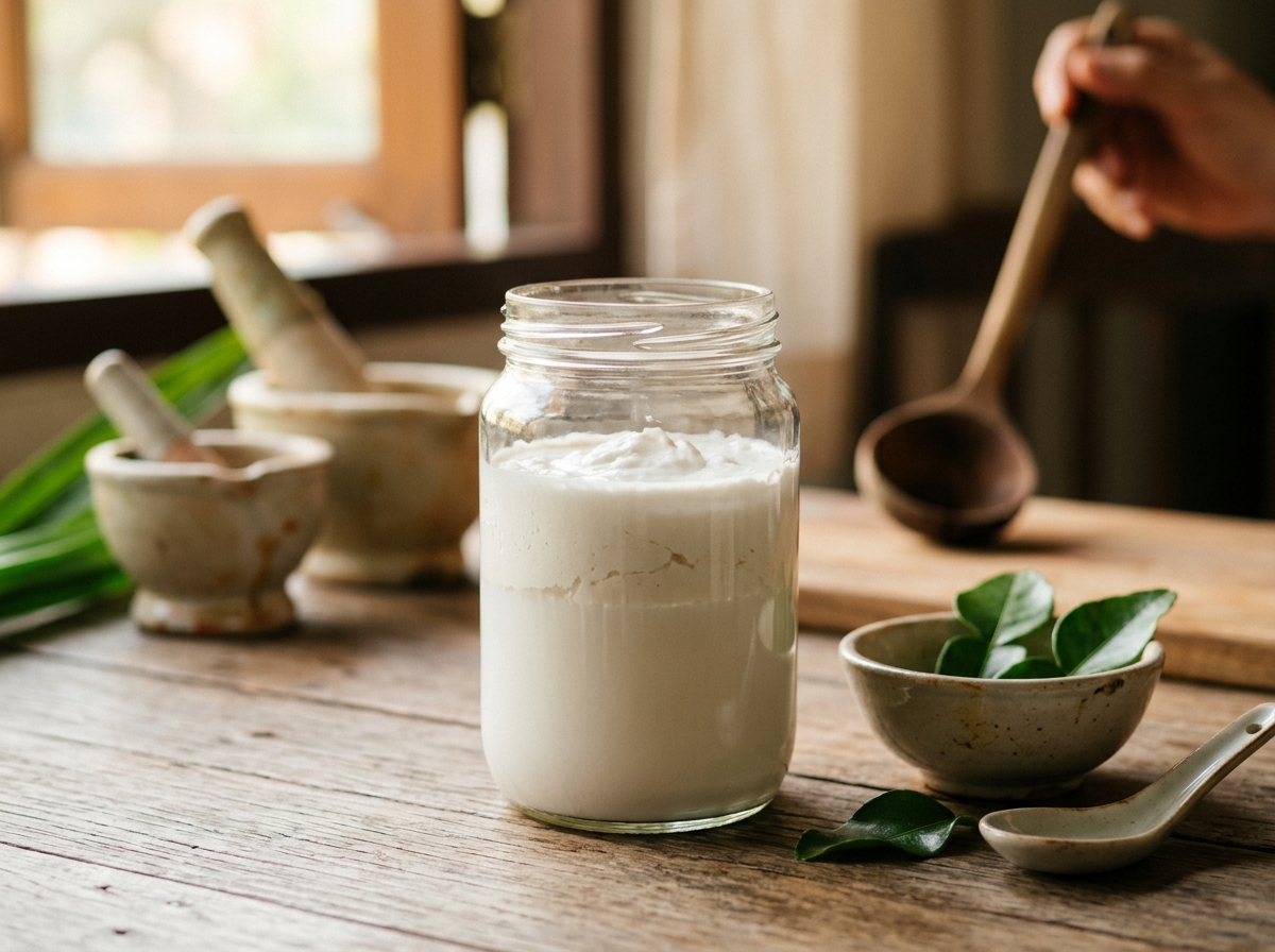 Separated coconut milk showing thick cream layer on top