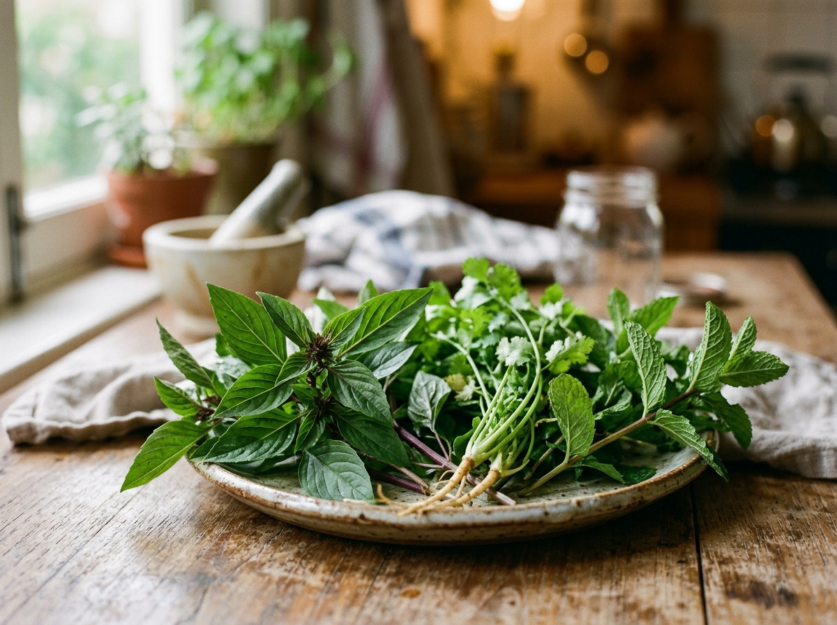 Fresh Thai herbs including basil, cilantro, and mint arranged on plate