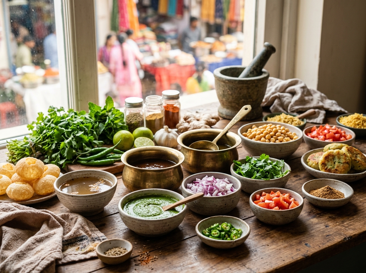 Fresh ingredients and chutneys arranged for street food preparation