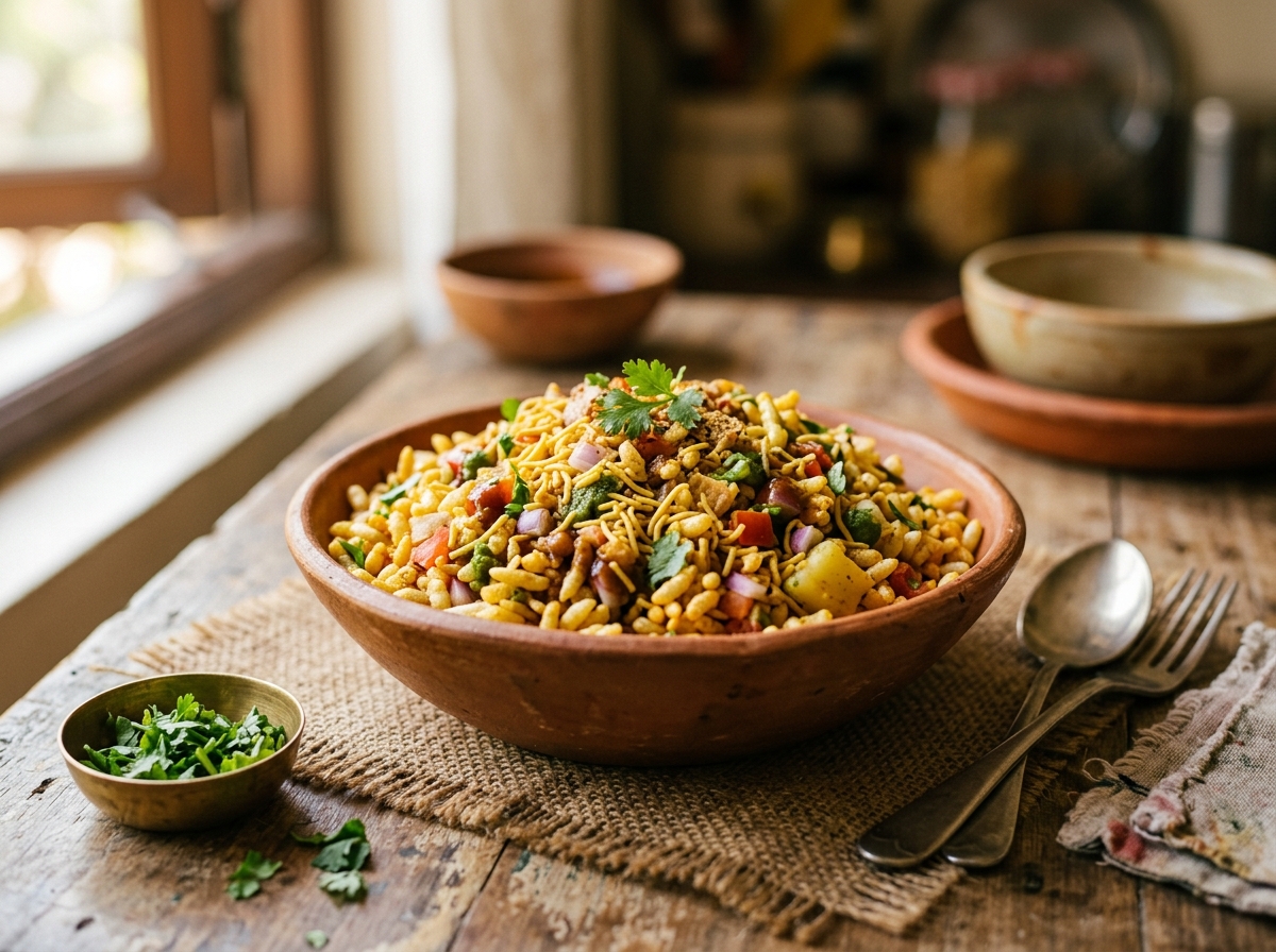 Bhel puri ingredients mixed together showing the colorful texture combination