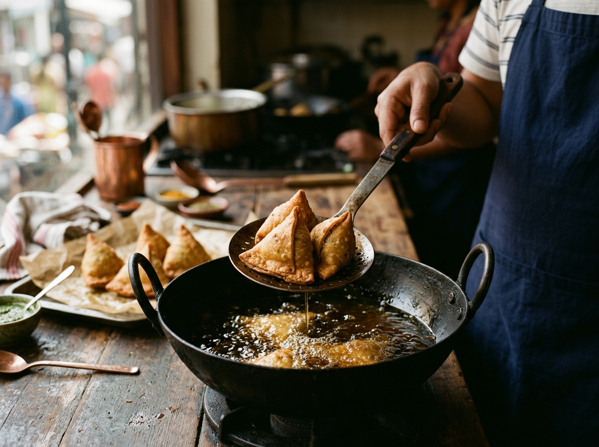 Golden brown samosas being lifted from hot oil with a slotted spoon
