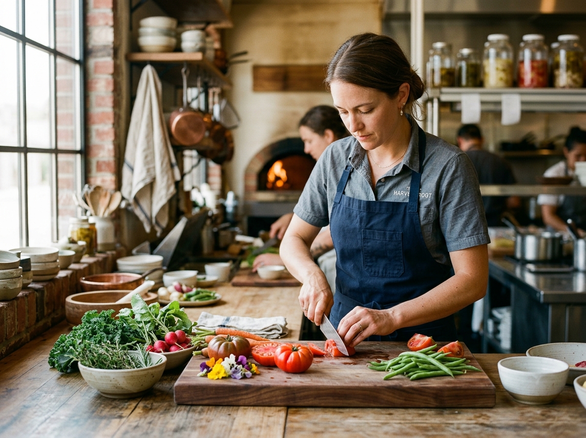 Chef preparing locally-sourced ingredients in sustainable restaurant kitchen