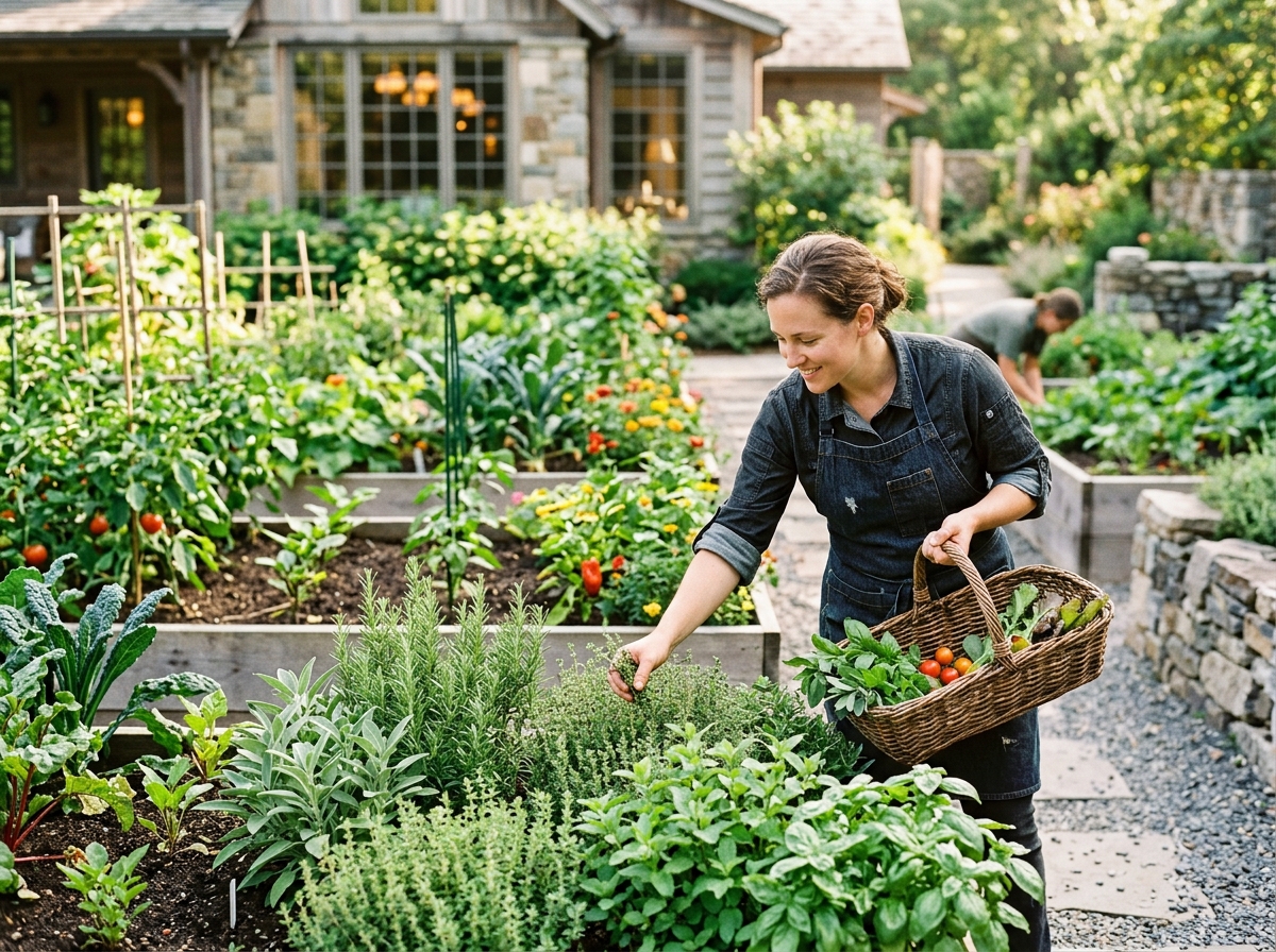 Restaurant garden with fresh herbs and vegetables for menu preparation