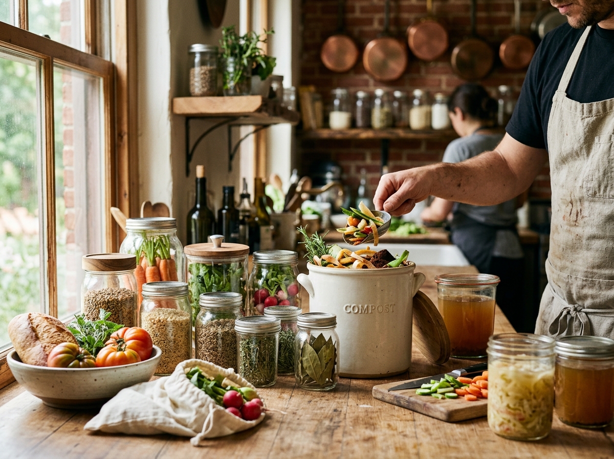 Zero-waste kitchen with composting systems and reusable containers