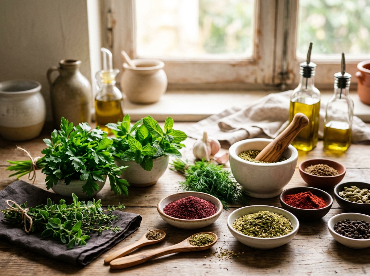 Fresh herbs and spices essential for Lebanese cooking