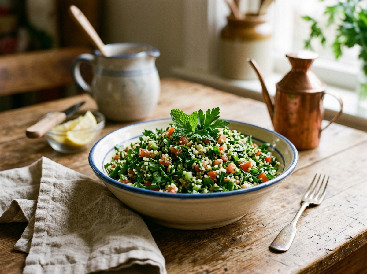 Traditional Lebanese tabbouleh with abundant fresh parsley and herbs