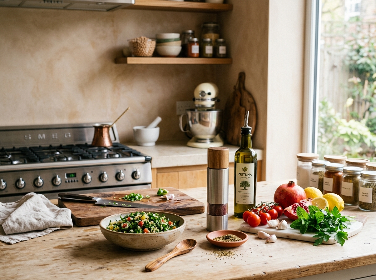 Modern Lebanese kitchen setup with traditional ingredients and contemporary tools
