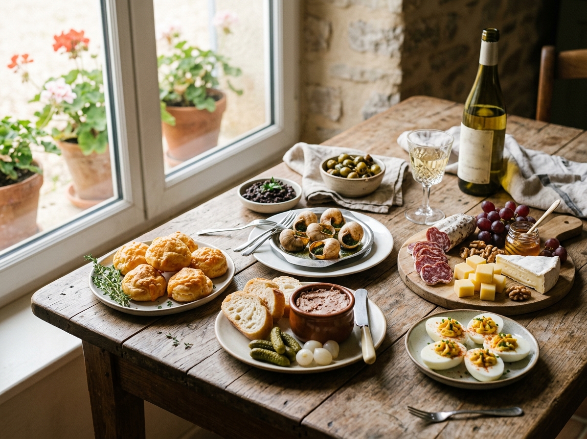 Classic French appetizer spread with various small plates