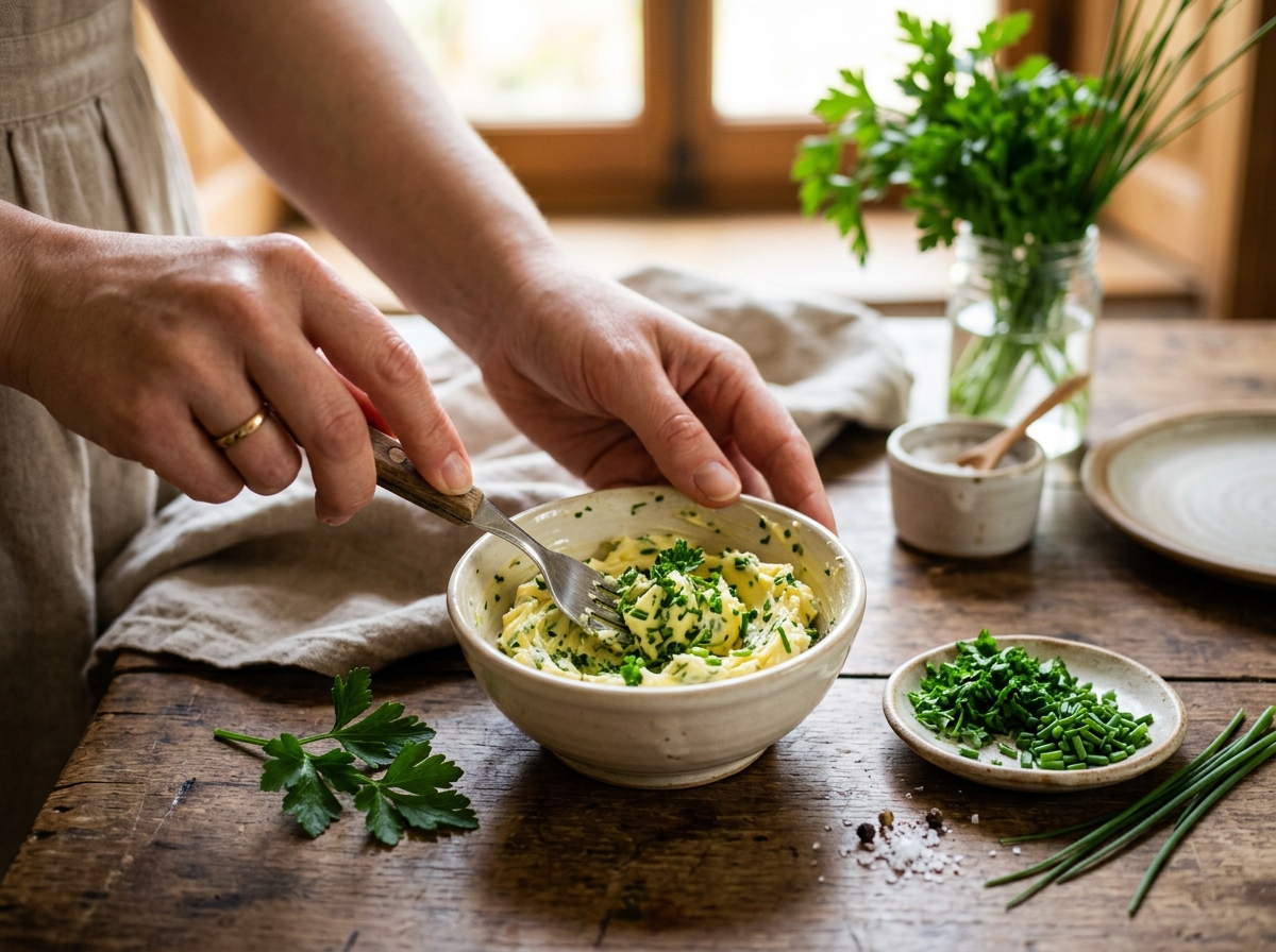 Hands preparing herb butter with fresh parsley and chives