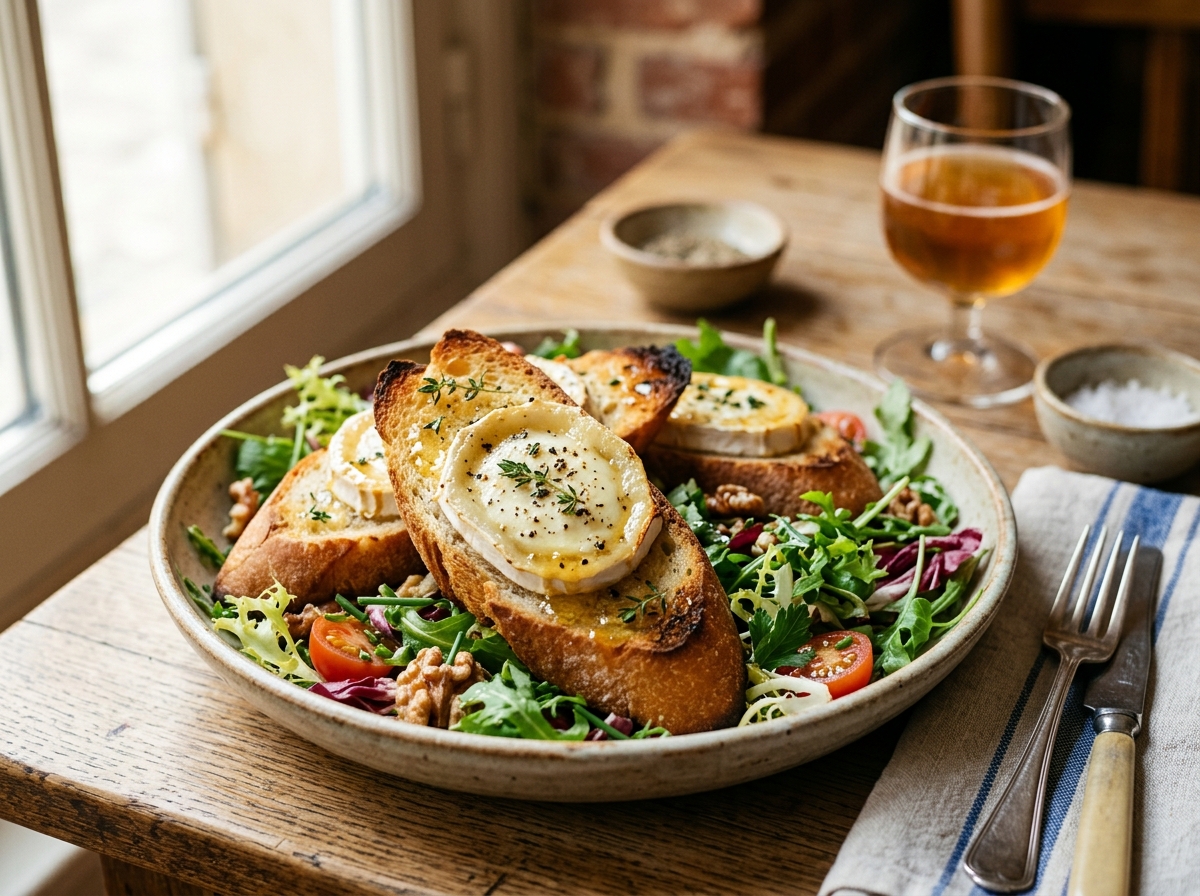 Warm goat cheese rounds on toasted baguette over mixed greens