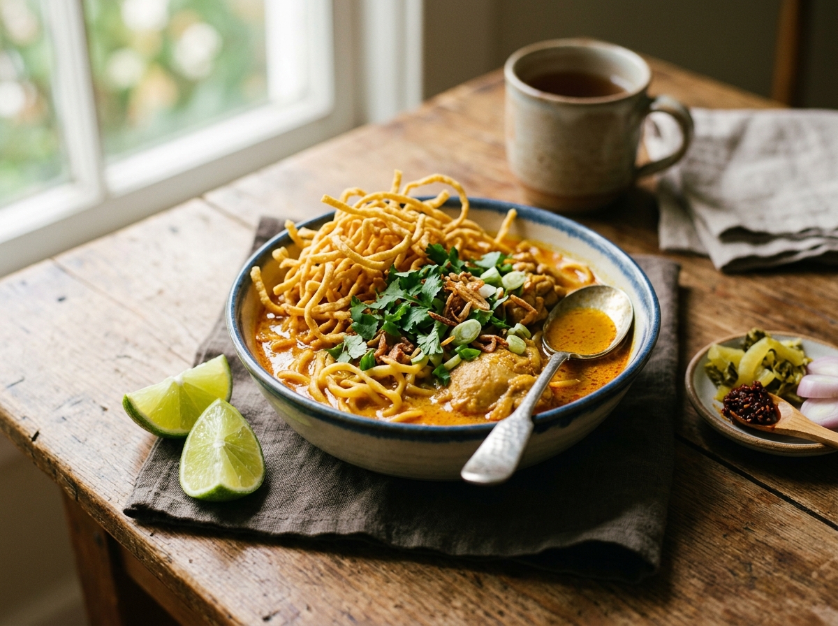 Bowl of khao soi with crispy noodles and lime wedges