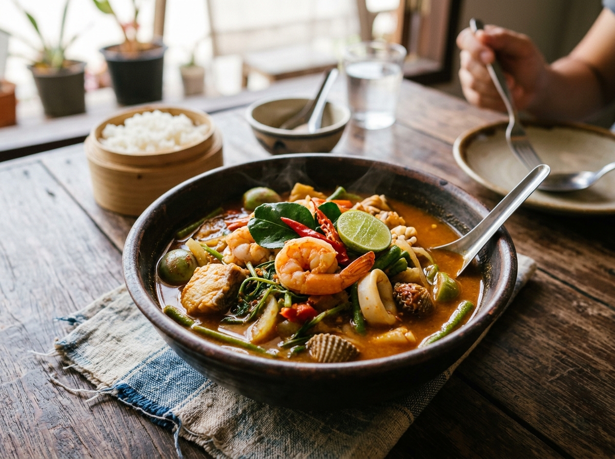 Fiery southern Thai gaeng som curry with vegetables and seafood