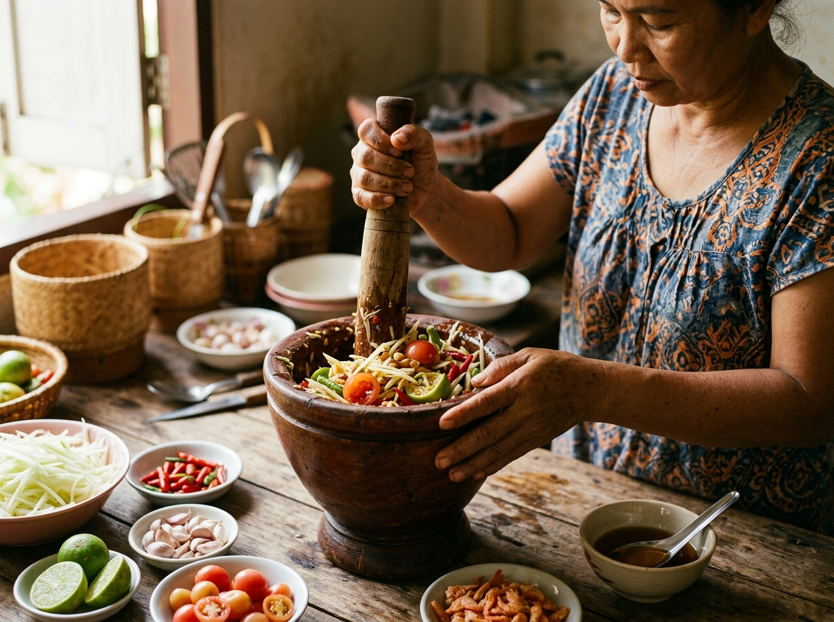Traditional som tam being prepared in wooden mortar and pestle