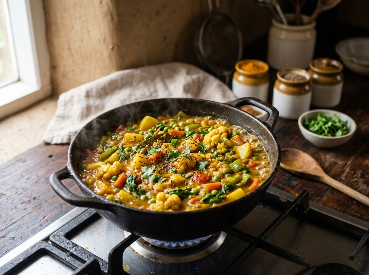 Colorful vegetarian curry simmering with minimal oil and maximum spices