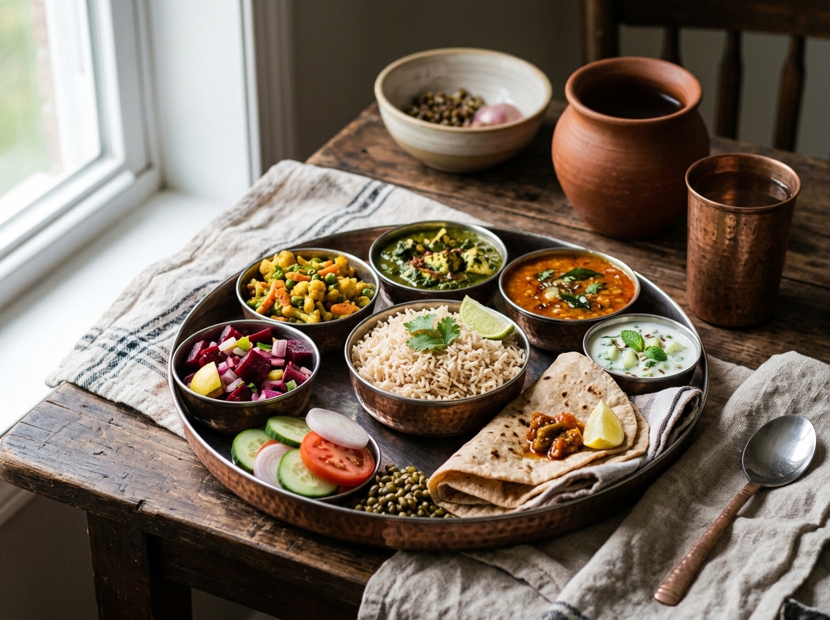 Traditional thali with balanced portions of grains, legumes, and vegetables
