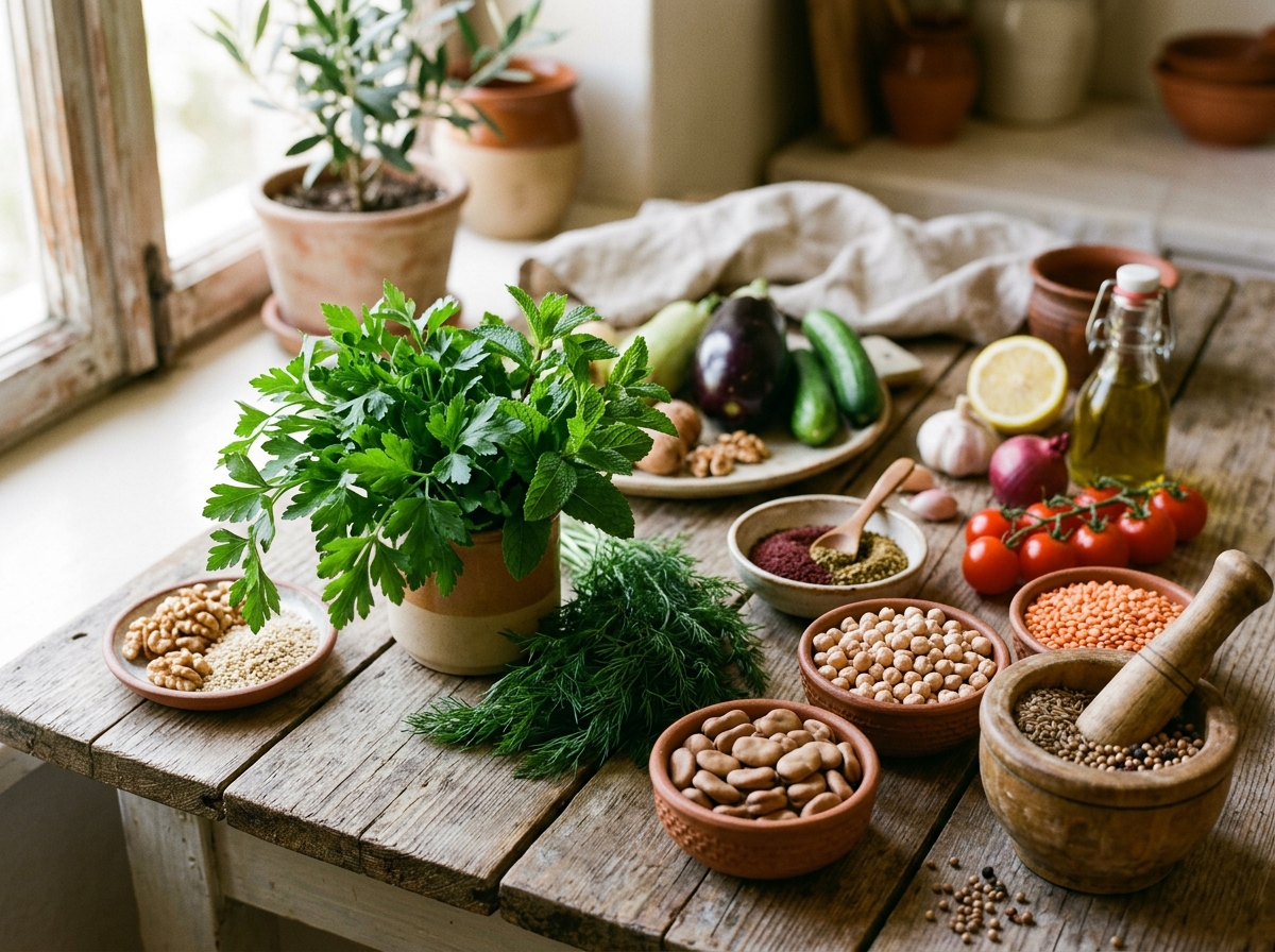 Fresh ingredients for Middle Eastern vegetarian cooking including herbs, legumes, and spices