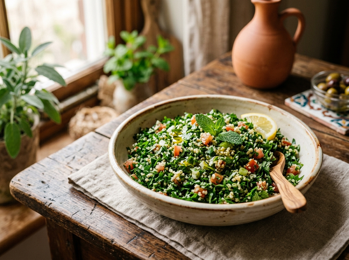 Traditional tabbouleh with abundant fresh parsley and fine bulgur wheat