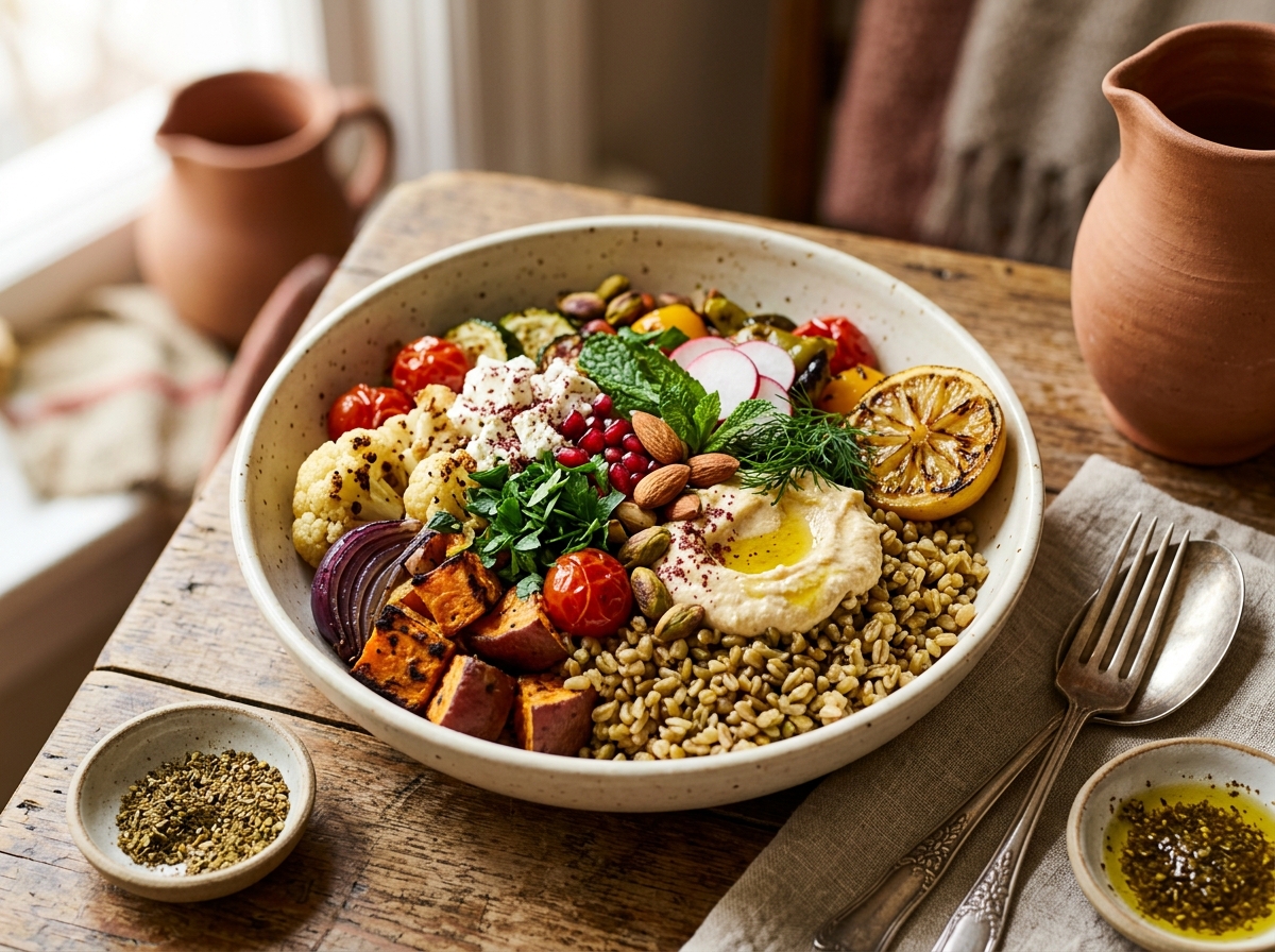 Colorful Middle Eastern grain bowl with freekeh, roasted vegetables, and herbs