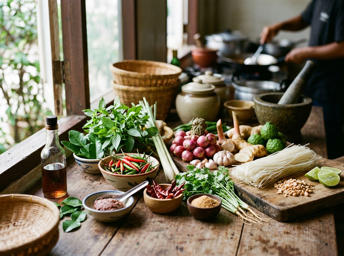 Fresh ingredients for Thai street food preparation
