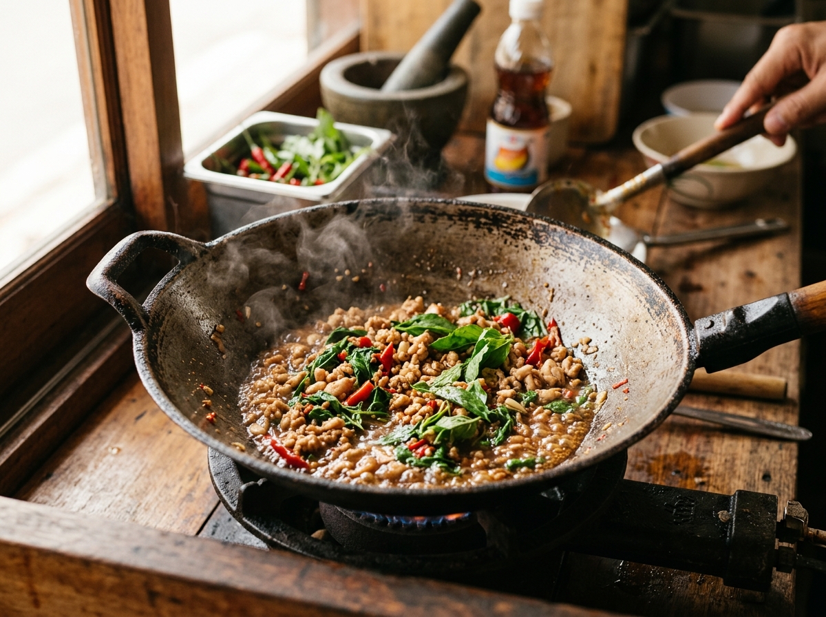 Pad kra pao sizzling in a hot wok with Thai basil