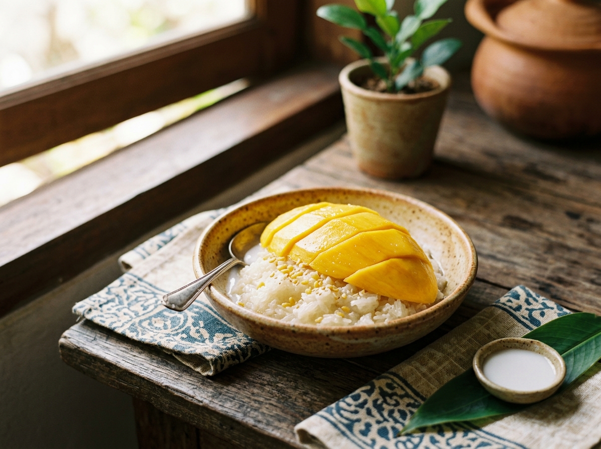 Golden mango slices arranged over coconut sticky rice