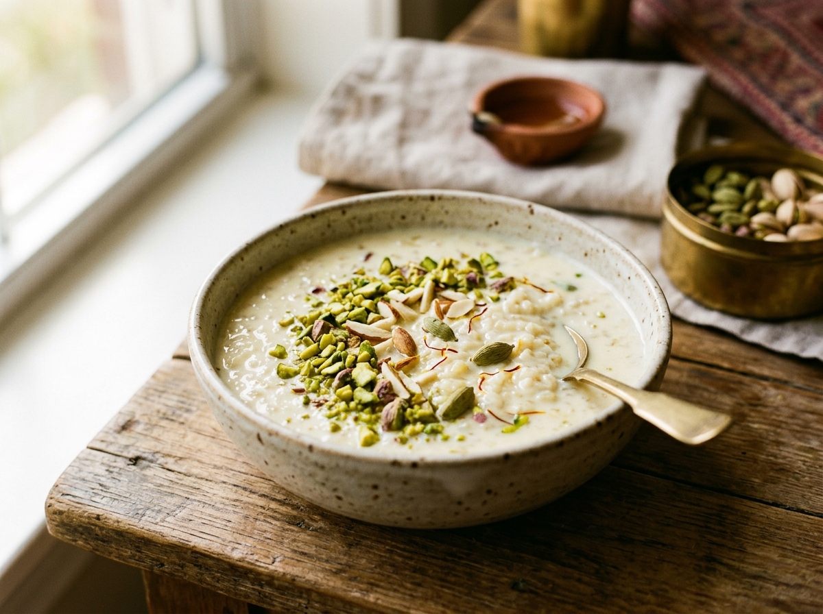 Creamy kheer garnished with pistachios and cardamom