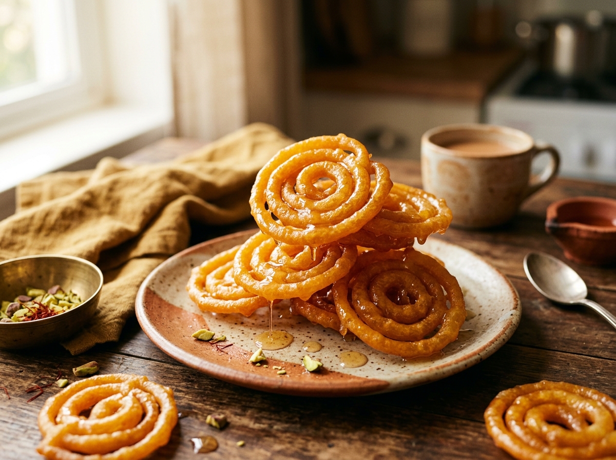 Golden jalebi spirals dripping with sugar syrup